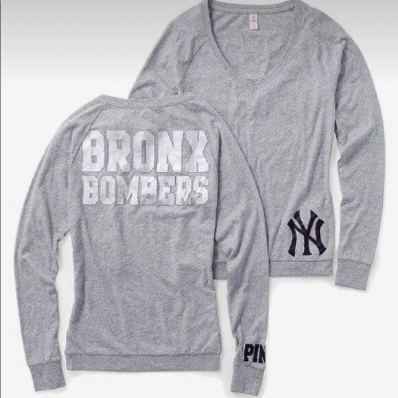 Victoria’s Secret PINK NY Bronx Bombers Long Sleeve V Neck Tee Top Like New S - Picture 1 of 11